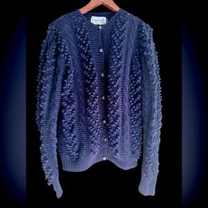DEANS of Scotland Navy Blue popcorn cable knit Cardigan Large Ramie/Cotton blend